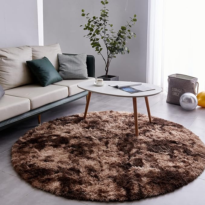 FJZFING Tie-Dyed Coffee Round Rug Ultra-Soft Plush Modern 4x4 Circle Area Rug for Kid's Bedroom, Fluffy Shag Circular Rug for Nursery Room, Non-Slip Home Decor Carpet for Teen's Room