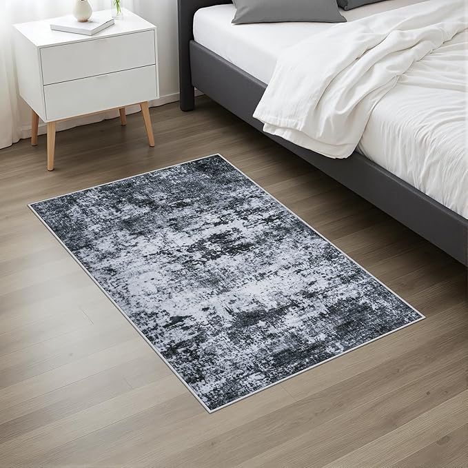 Washable Area Rug 2x3 Entryway Rug: Washable Modern Abstract Soft Thin Rug Indoor Floor No Slip Stain Resistant Carpet for Bedroom Dining Room Farmhouse Nursery Home Office - Black