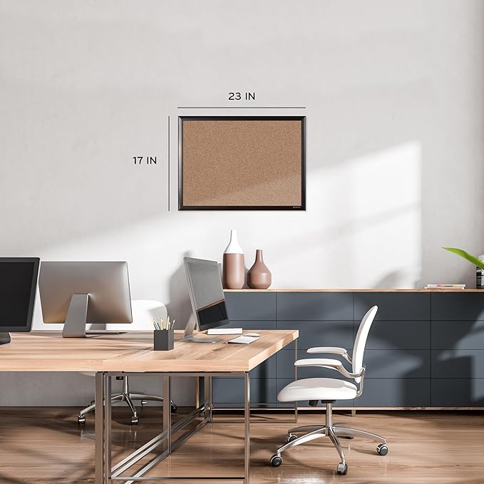 U Brands Cork Bulletin Board, 24" x 18", Black Aluminum Frame, Industrial Grade Pinning Surface