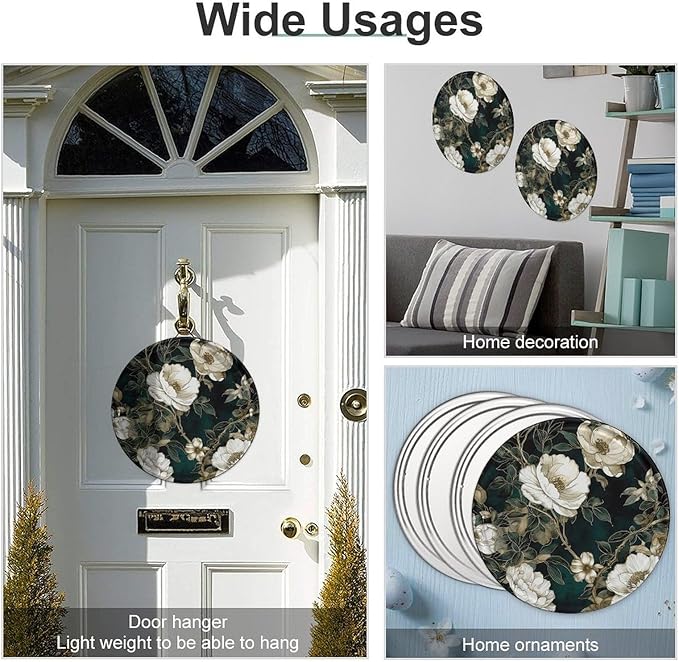 Wall Picture, with White Flowers Printed Circular Iron Hanging Picture,Wall Art Decor,Home for Bedroom Living Room Bathroom Decor,Iron Painting 11.8X11.8 in