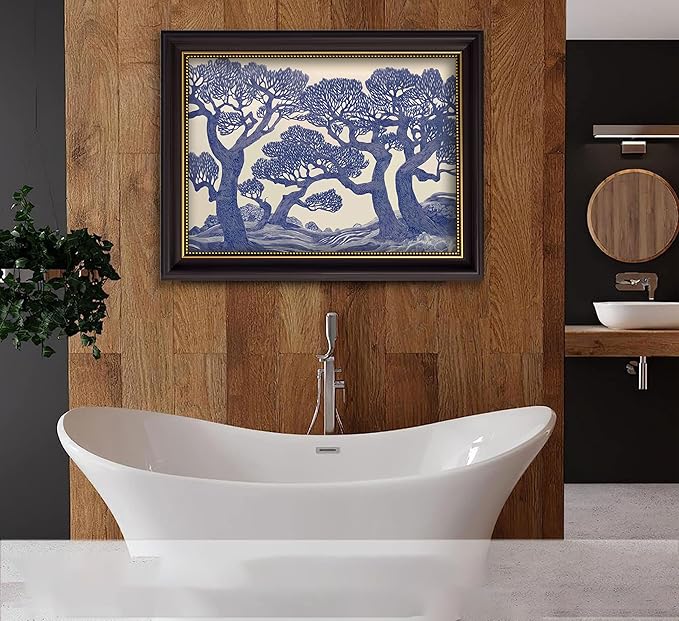 Vintage Gold Framed Wall Art Oak Tree Forest Painting Canvas Prints Blue Woodland Nature Landscape Picture Moody Botanical Poster Artwork for Living Room Bedroom, 16x24in