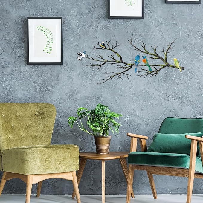 ESTART Metal Birds Wall Art, Metal Vivid Birds on Branch Silhouette Wall Decor Black Leaves with Bird Outdoor Hanging Wall Sculpture for Home Balcony Garden (Bright Color, Small)