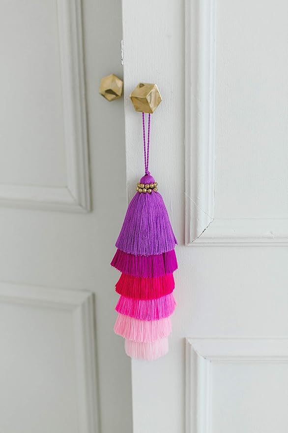 Tassellini Multi-Colored Layered Large Cotton Tassel with Hanging Loop for Furniture Décor, Home or Handbag Accessory (Purple)