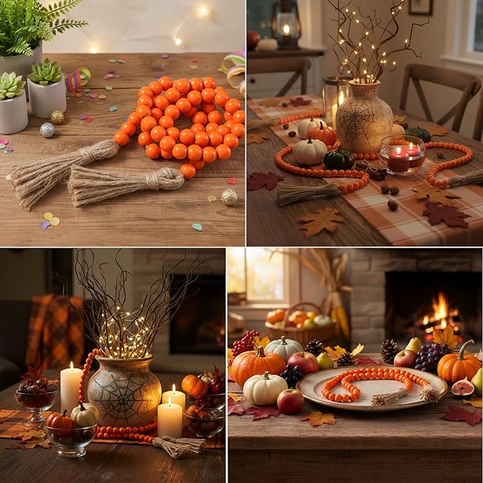 Equsion Seasonal Wooden Bead Garland with Tassels, 3.3 ft Holiday Vintage Boho Bead Garland Easter Tray Decoration, Vase Wall Room Art Birthday Party Decoration(Orange)