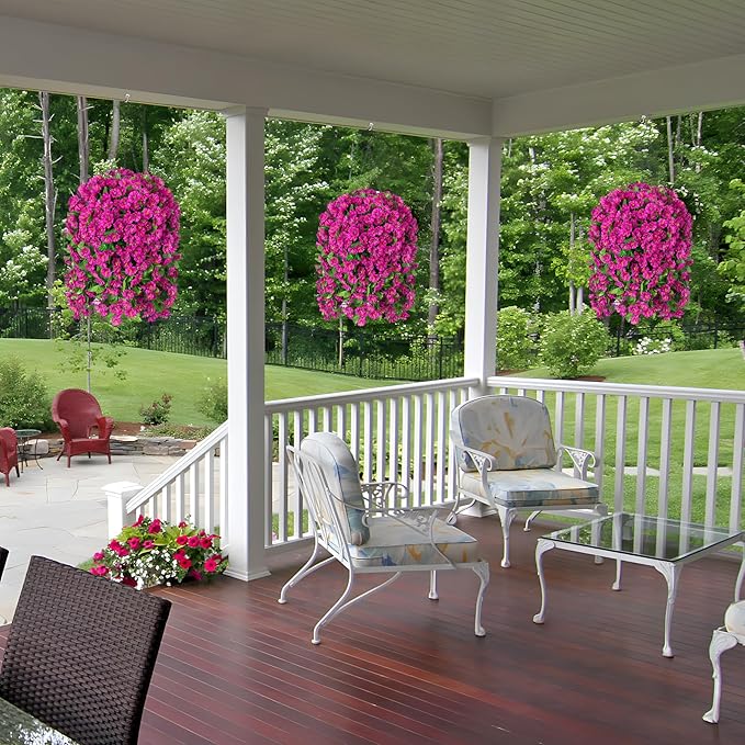 Artificial Faux Hanging Flowers Basket for Spring Summer Outdoor Porch Decoration, Fake Silk Colorful Morning Glory Eucalyptus in Planter UV Resistant for Home Balcony Yard(Red Purple)