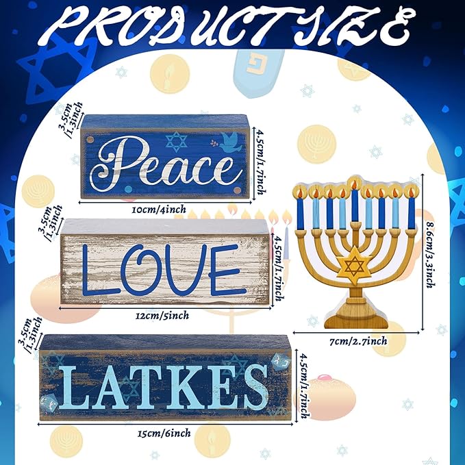 Lineshading 4 Pcs Hanukkah Decorations for Home Chanukah Table Decor Wooden Menorah Decoration Hanukkah Centerpiece Rustic Menorah Block Signs Jewish New Year Decoration for Home Tiered Tray Decor