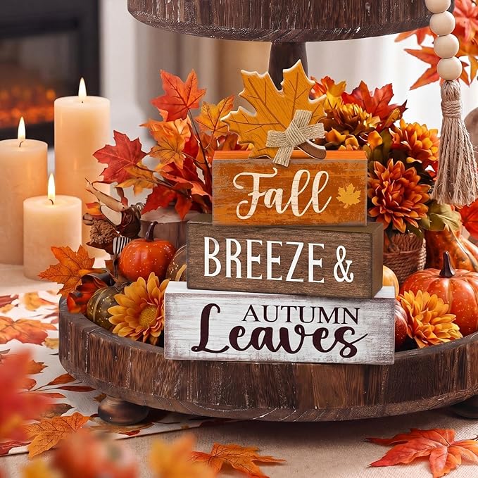 Lineshading 4 Pcs Fall Decoration for Home Wooden Maple Leaf Thanksgiving Table Centerpiece Rustic Thanksgiving Tiered Tray Decor Decorative Autumn Leaves Block Sign Farmhouse Autumn Decor for Kitchen
