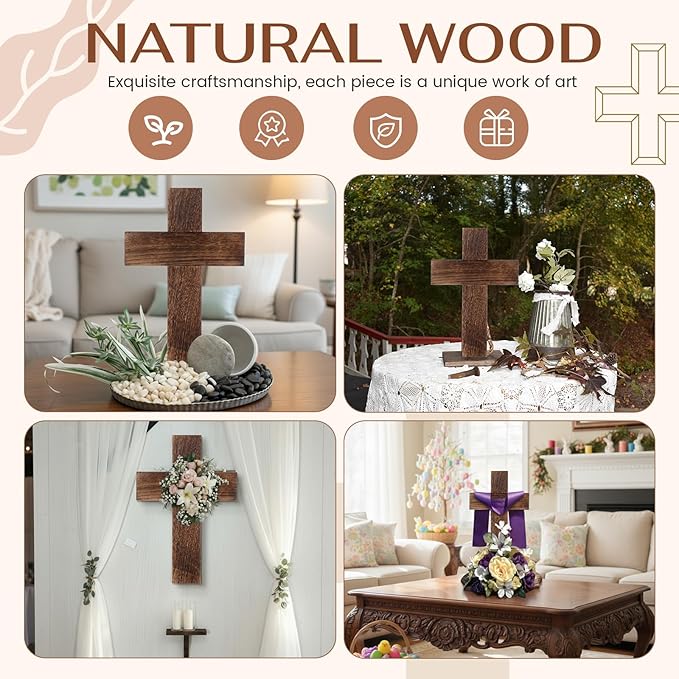 Geelin 4 Pcs Large Wooden Cross Wall Decor 16x11 Inch Hanging Cross for Craft Handmade Antique Religious Gifts Wooden Christians Wall Decor for Room Church Home Room(Brown)