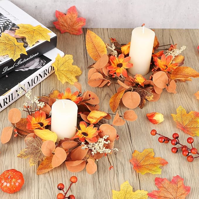 6 Pcs 3 Inch Fall Floral Wreaths Autumn Harvest Sunflowers Pumpkins Leaves Berries Hanging Candle Rings Wreath Mini Thanksgiving Table Centerpiece Wreath for Pillar Cabinets Farmhouse Decoration