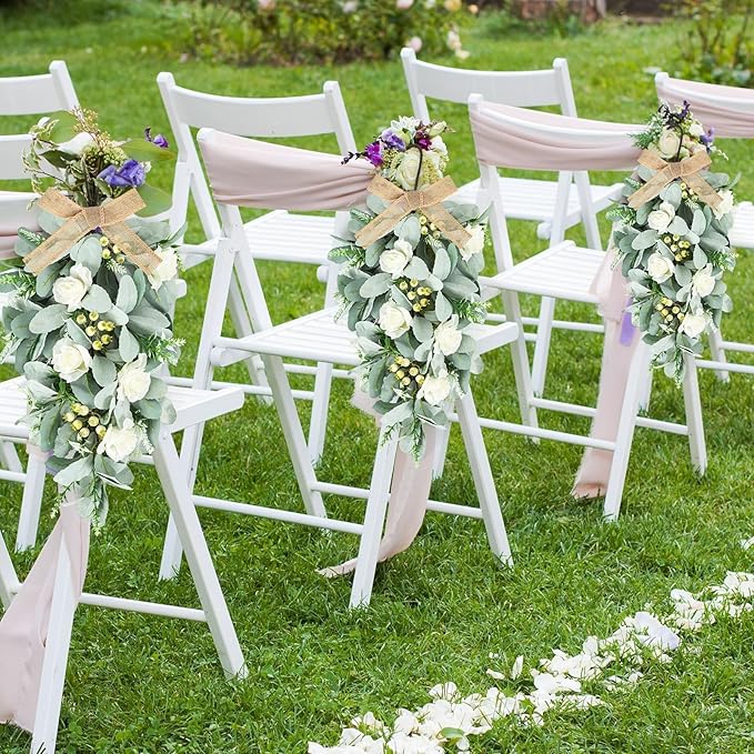 2 Pcs 24" Artificial White Rose Teardrop Wreaths Swag Spring Summer Flower Berries Swags Wreath White Floral Hanging Wreaths for Kitchen Cabinet Doors Window Wall Wedding Party Home Decor