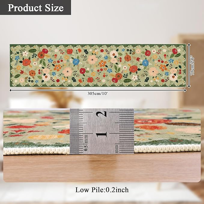 U'Artlines 2'6" x 10' Boho Runner Rug for Hallways Kitchen Colorful Floral Soft Non Slip Washable Floor Carpet Runners for Entryway Laundry Room Bathroom Green