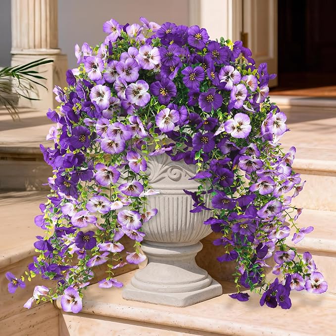 Fake Artificial Flowers for Outdoors, 4 Pcs Faux Hanging Pansy Flowers Spring Summer Decor, UV Resistant Fake Plants Silk Flower for Planter Front Door Porch Patio Yard Garden(Gradient Double Purple)