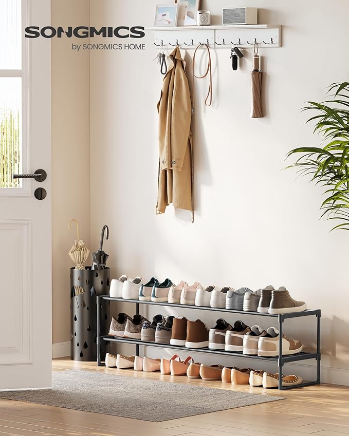 SONGMICS Shoe Rack, 2-Tier Shoe Organizer, Metal Storage Shelf, Upright or Upside Down, for 15-18 Pairs, Stackable, for Entryway, 11.8 x 46.1 x 14.6 Inches, Black ULSA032B01