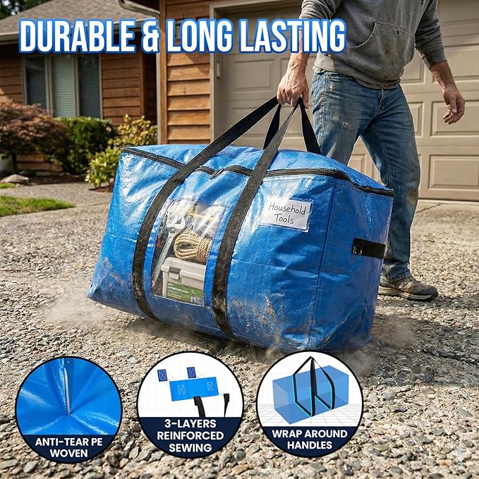 TAILI Extra Large Moving Bags, 2 Pack Blue Heavy Duty Totes for Storage with Visible Window, Wrap Around Handles, Storage Bags for Space Saving, Alternative to Moving Boxes