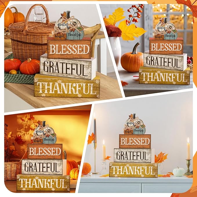 Lineshading 4 Pcs Fall Pumpkin Decor Fall Table Decoration Thanksgiving Tiered Tray Decor Thanksgiving Centerpiece Rustic Stacked Pumpkin Block Signs Farmhouse Harvest Decoration for Home Kitchen