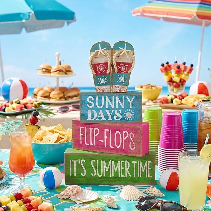 Lineshading 4 Pcs Summer Table Decorations Wooden Flip-flop Stacked Block Decor, "Sunny Days It's Summertime" Signs with Beach Sandal Topper, Rustic Coastal Tiered Tray Decoration for Home Coffee Bar