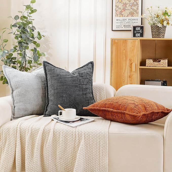 HPUK Fall Chenille Soft Throw Pillow Covers 18x18 Set of 2, Accent Cushion Covers for Living Room, Bedroom, Decorative Solid Color Pillow Covers for Couch, Sofa, Chair, Grey