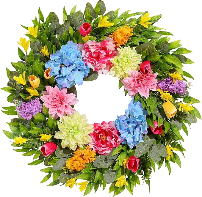 18 Inch Spring Wreaths for Front Door with Dahlias, Hydrangeas, Peonies, Eucalyptus - Artificial Spring Summer Front Door Wreath for Farmhouse, Porch, Window, Wedding, Indoor Outdoor Home Decor