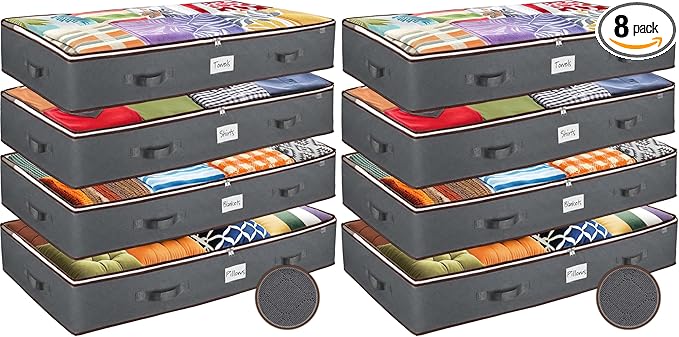 Under Bed Storage Bins - Pack Of 8 Under The Bed Storage Containers For Clothes, Blankets, Winter Clothing, & Shoes - Underbed Storage Containers With Handles, Dual Zippers, & Clear Top