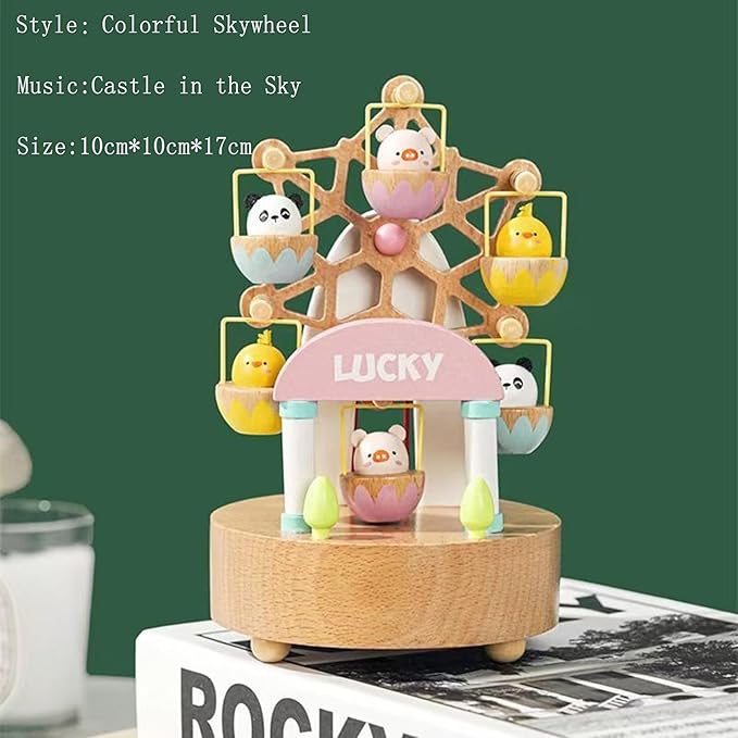 Natural Solid Wood Handcrafted Beech Wooden, Musical FigureTotoro/Carousel/Fairy/Ballerina Figurine,Rotating Hand Crank Mechanism Music Box,Musical Decorations (Colorful Skywheel)