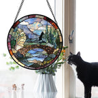 Stained Glass Window Hanging, Blue Landscape Arch Bridge Sun Catcher for Door Home Decor Suncatcher Christmas Mother's Day Birthday Gifts for Women Men Mom and Nana 15 in