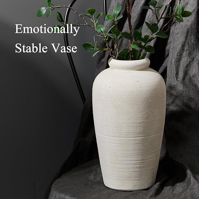 Emotionally Grounded Vase, Vaseking Large Ceramic Rustic Vase, 11 inch Minimalist Decorative Farmhouse Tall Vases for Home Decor, Living Room, Enterway, Table Decoration, White