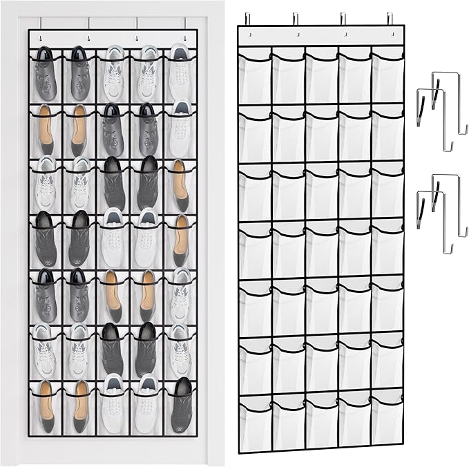 WVM Over the Door Shoe Organizer with 35 Breathable Mesh Pockets, Hanging Shoe Organizer for Door with 4 Metal Hooks, Large Capacity Closet Storage for Shoes, Accessories, White