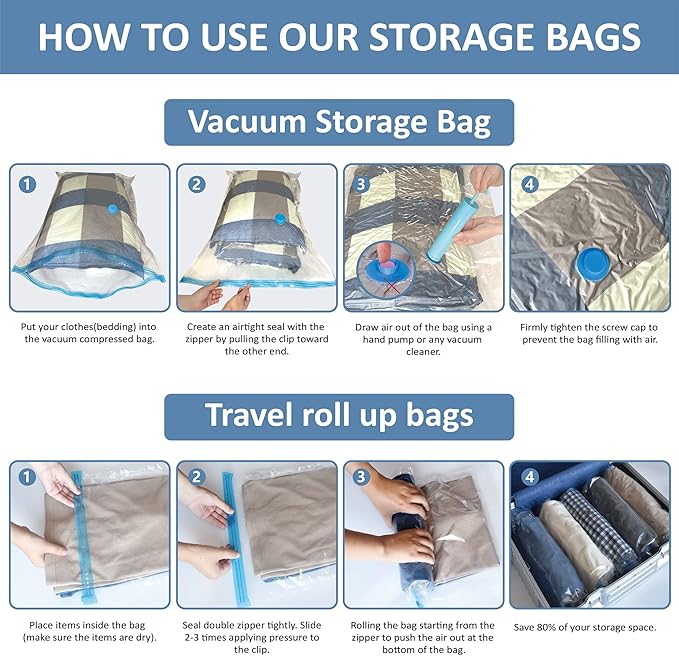 Cozy Essential Vacuum Storage Bags, Compression Space Saver Bags for Clothes, Comforters, Blankets, Pillow, Bedding, Sealer Clothing Storage,12 Combo