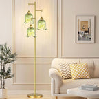 QIYIZM Gold Floor Lamp for Living Room,Bedroom,Tree 3 Light Standing Lamp Mid Century Modern Brass Tall Floor Lamps Vintage Retro Floor Lights Green Glass Flower Lamp Shade Farmhouse Boho Bohemian