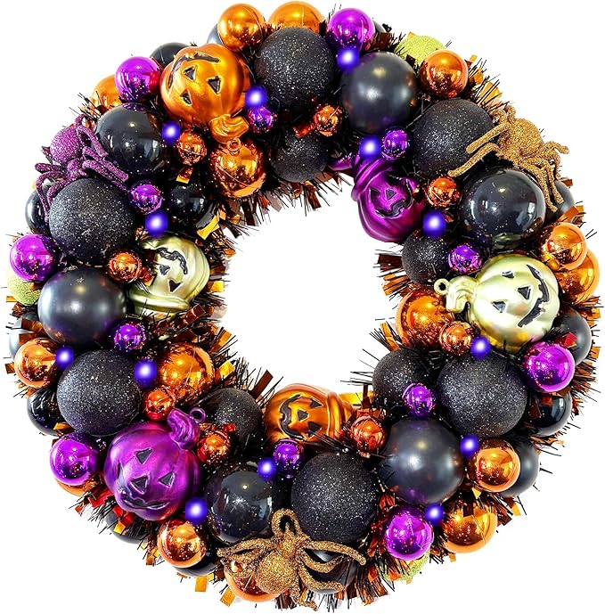 HipTree 13.8 Inch Halloween Ball Wreath for Front Door with Lights, Lighted Cute Treat-or-Trick Door Wreath Ball Ornament for Halloween Indoor Decorations Centerpiece Party Holiday Wall Home Decor