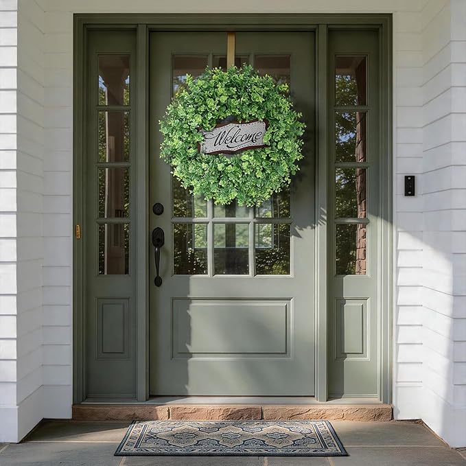 26" Artificial Eucalyptus Wreath with Welcome Sign for Front Door, Porch, Window - Large Faux Eucalyptus Greenery Outdoor Wreath for Home, Farmhouse Decor - Spring, Summer, All Seasons (Green)