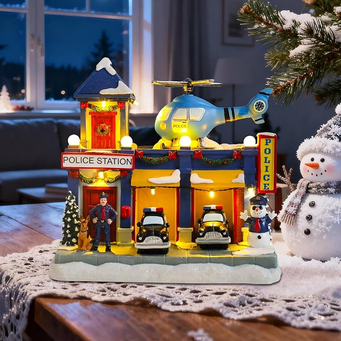 WONDER GARDEN Christmas Village Houses-Christmas Houses Village - Lighted Musical Police Station Collectible Buildings with Moving Car and Helicopter for Home Indoor Decor or Gift