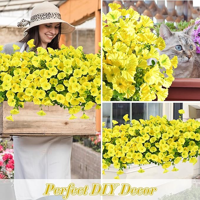 Waipfaru Artificial Flowers for Outdoors, 24 Bundles Faux Plants Outdoor, UV Resistant Artificial Plants, Silk Petunias Fake Flowers for Outside Home Decor Planter Porch Decoration, Yellow