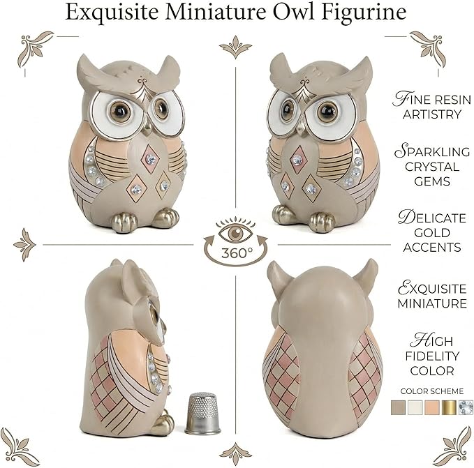 Owl Statue Home Decor, Vintage Resin Figurine with Crystals for Shelf, Boho Decorations for Living Room Office Desk, Unique Gifts for Women Bird Lovers