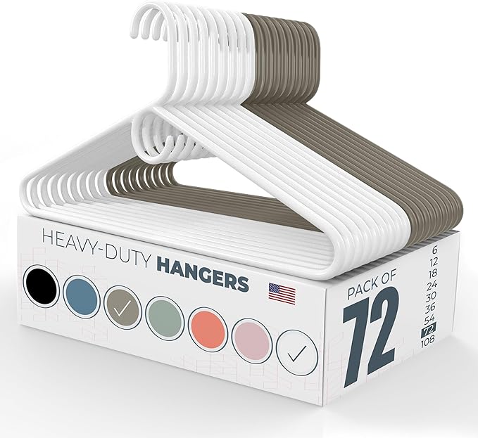 Neaties Heavy Duty Clothes Hangers 50+ Pack (72 Count) – Made in the USA – 8lb Capacity Plastic Hangers for Adult Clothing – Durable for Pants, Coats, Jackets, or Jeans – White & Gray