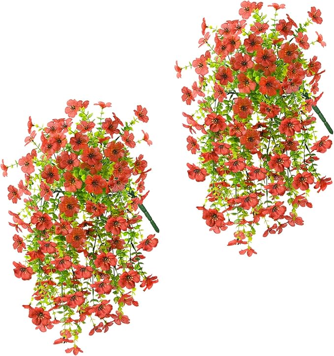 Artificial Hanging Flowers for Outdoors Spring Decoration, 2PCS Silk Fake Daisy Realistic Outdoor Flowers UV Resistant Porch Patio Window Yard Decor(Red)