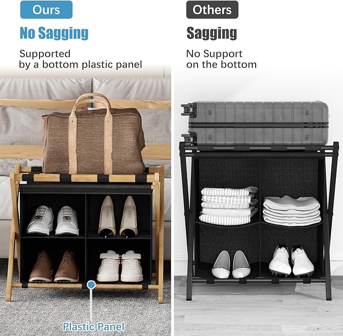 Luggage Rack for Guest Room, Folding Suitcase Stand with Fabric Storage Shelf, Upgraded Bamboo Luggage Holder, Steel Foldable Luggage Stand for Guest Room, Bedroom, Hotel, Natural
