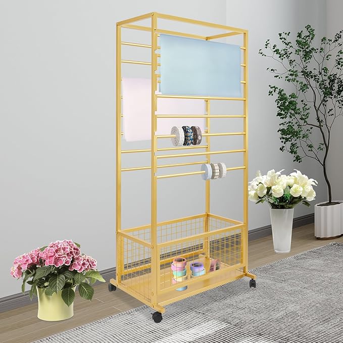 16-Layer Scarf Display Stand, Rolling Scarf Organizer Holder Hanging Rack with Wheels & Storage Basket for Retail Store Boutique Display Bedroom, W26.5*D16.9*H59in (Gold)