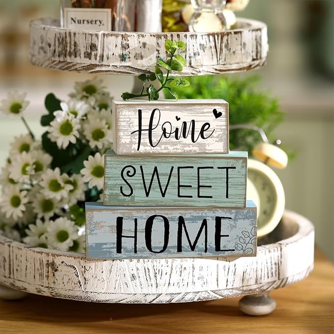 Moucuny 4 Pcs Wooden Farmhouse Table Decor Rustic Home Sweet Home Stacked Blocks Decoration Farmhouse Tiered Tray Decor Decorative Eucalyptus Block Signs Gift for Kitchen Shelf Coffee Table