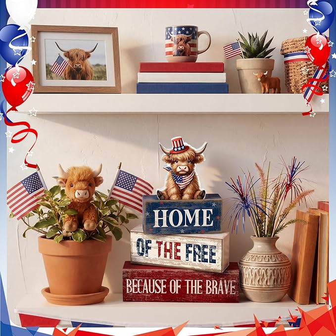 Moucuny 4 Pcs 4th of July Decorations Patriotic Highland Cow Wooden Block Sign Set America Table Decor Patriotic Tiered Tray Decor Red White Blue Memorial Day Centerpieces for 250th Anniversary Home