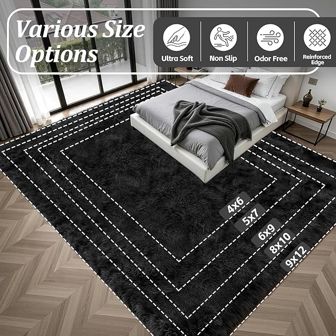 Fluffy 5x7 Area Rugs for Living Room Bedroom: Ultra Soft Shag Rug Non-Slip Non-Shedding Small Plush Bedside Rug Indoor Floor Carpets for Kids Room Playroom Entryway Nursery Dorms Home Decor Black