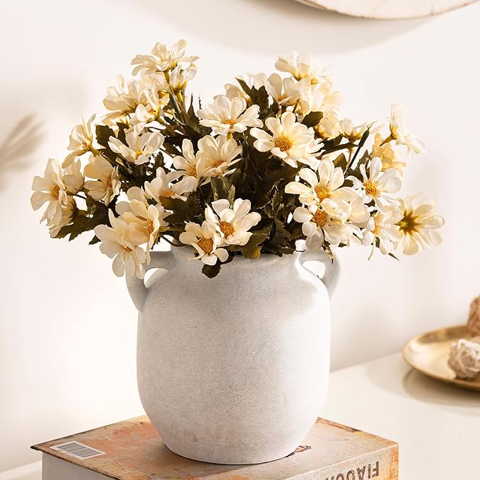 Ceramic Flower Vase Home Decor - 6 Inch Farmhouse Rustic White Table Vases with Handle Living Room Decoration Decorative Vintage Pottery for Kitchen Shelf Coffee Dining Desk Bookshelf Fireplace