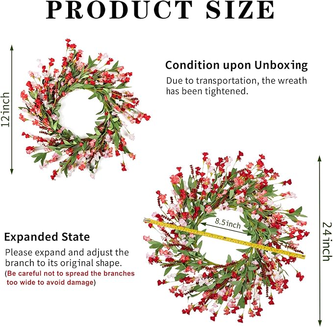Artgar Front Door Wreath 24 Inch Spring/Summer Wreaths for Front Door, Front Door Wreaths for All Seasons for Indoor Outdoor Home Office Wall Window Wedding Farmhouse Decor (Red Pink)