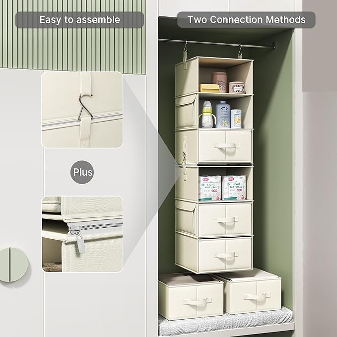 Vailando 6-Shelf Hanging Closet Organizer with 3 Drawers, 2 Separable 3-Shelf Closet Organizers and Storage for Wardrobe Organization, Hanging Dresser for Nursury & Dorm Clothes Organizer, Beige