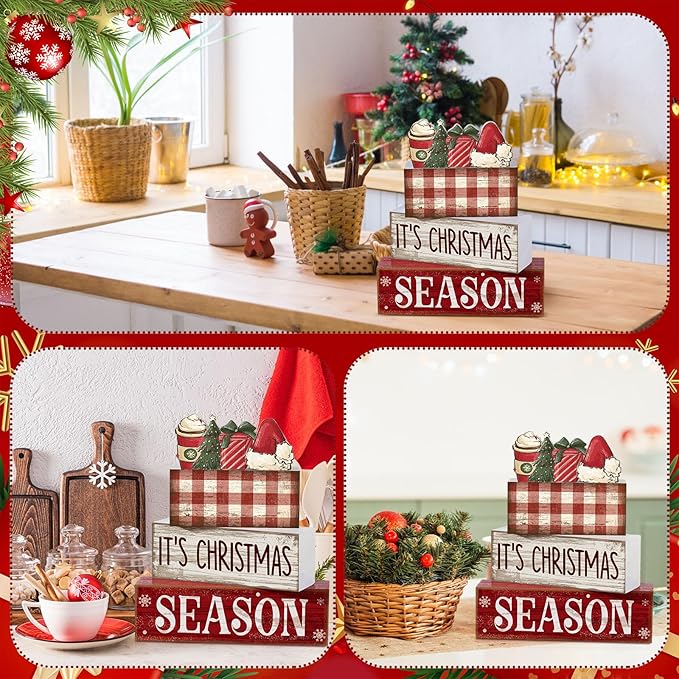 Lineshading 4 Pcs Christmas Table Decoration Wooden Hot Cocoa Santa Hat Decorations Christmas Tiered Tray Decor Winter Centerpiece Decorative Santa Hat Hot Cocoa Gift Box Tree Block Signs for Home