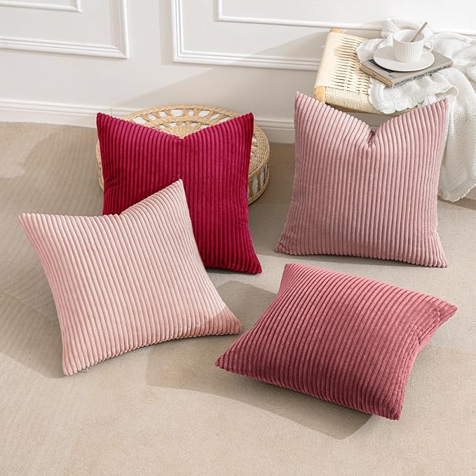 MIULEE Boho Farmhouse Throw Pillow Covers 18x18 Inch Set of 4 Romantic Decorative Cushion Covers Spring Corduroy Home Decor for Feminine Valentines Couch Bed Sofa Living Room Aesthetic Pink
