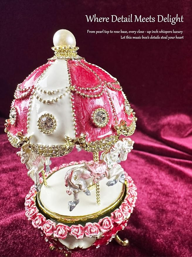 Carousel Music Box Figurine Pearl Dome, Rose Accents, Enameled Craft, Unique Home Decor & Gift Giving
