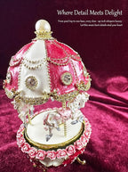 Carousel Music Box Figurine Pearl Dome, Rose Accents, Enameled Craft, Unique Home Decor & Gift Giving