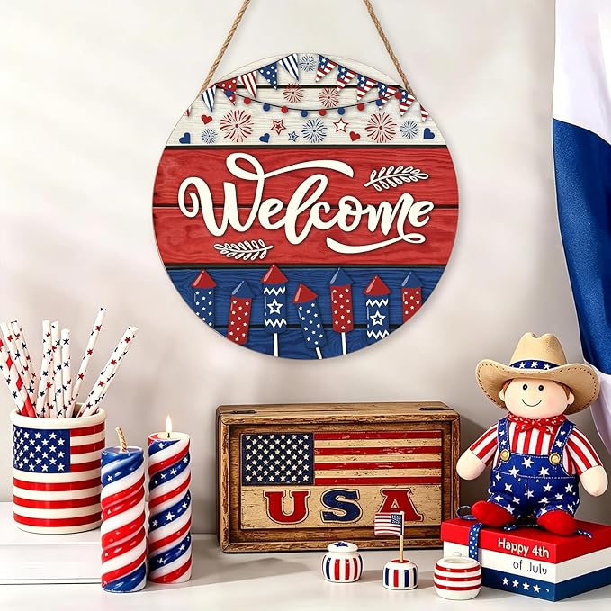 Memorial Day Decorations Door Sign for Front Door, Independence Day Patriotic Wreaths Welcome Sign, Round Wood Hanging Door Sign for Memorial Day 4th of July Patriotic Wreaths Outdoor 12”x 12”