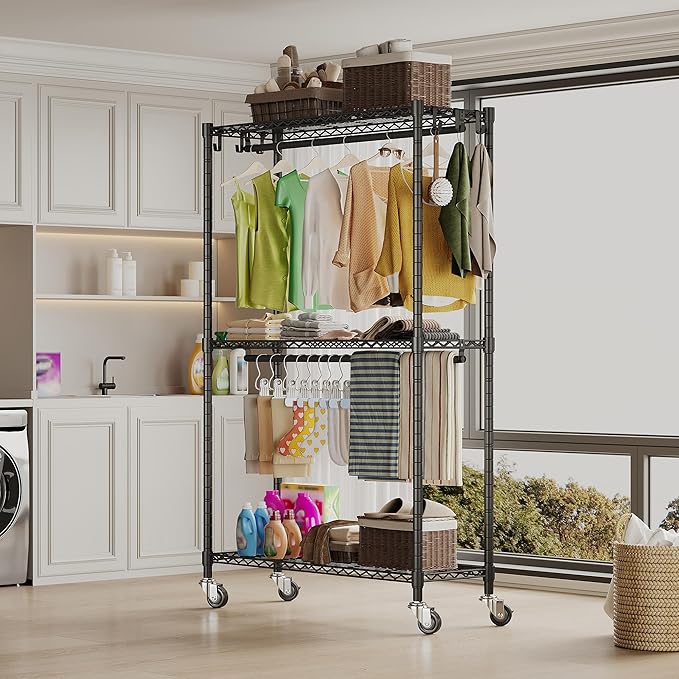 Heavy Duty Garment Rack with Wheels, H2 Plus Rolling Clothing Rack for Hanging Clothes, Load 480 LBS Portable Closet, Metal Adjustable Shelves & Double Hanging Rods for Bedroom Storage, Black